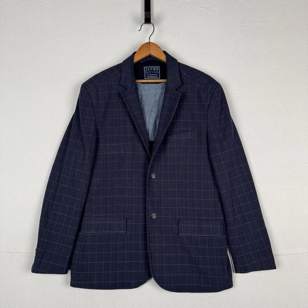Jachs New‎ York Blazer Mens Large Navy Windowpane Stretch Sport Coat 2-Button